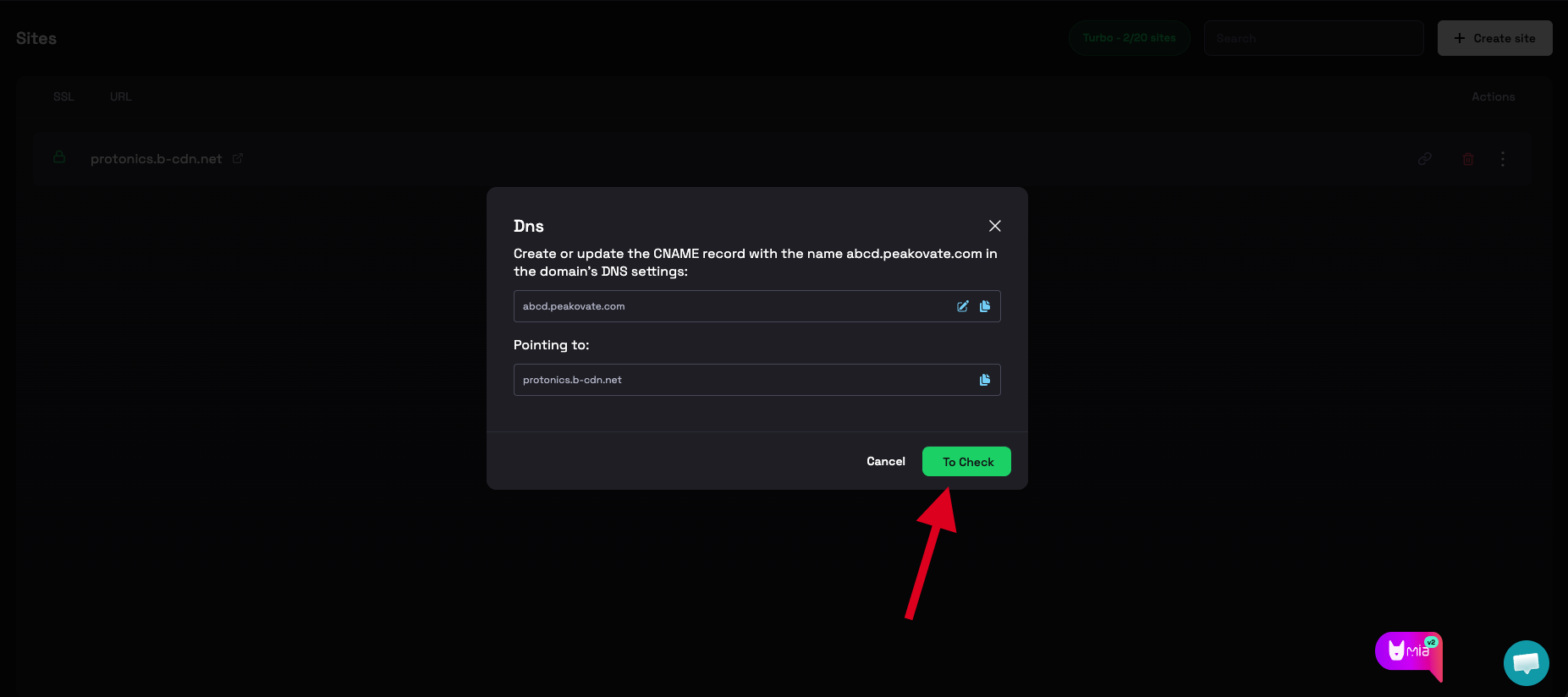 Custom domain verification popup showing the current domain, custom domain, and Verify button